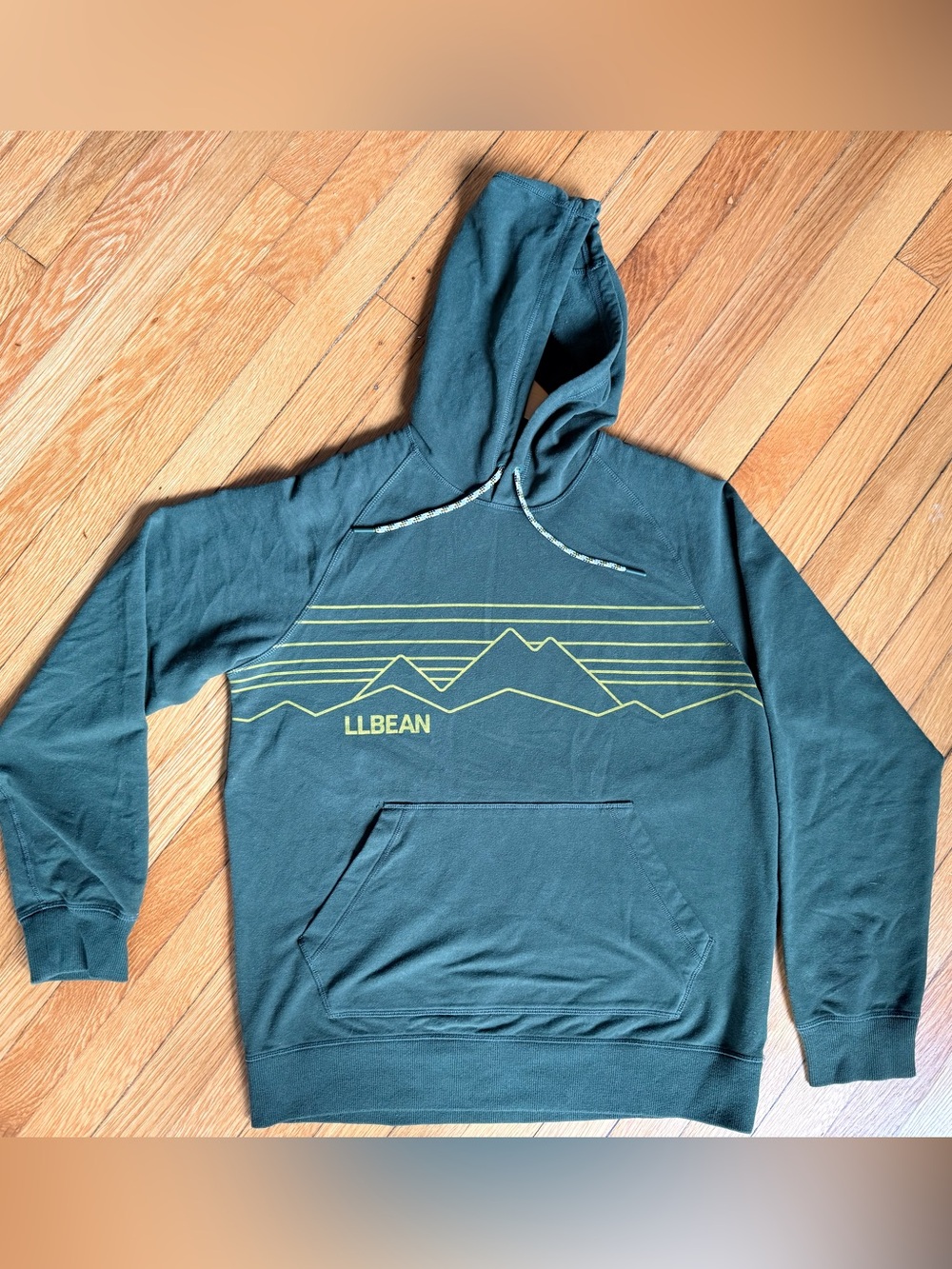 L.L. Bean Men’s Forest Green Hoodie with Yellow Mountain Graphic